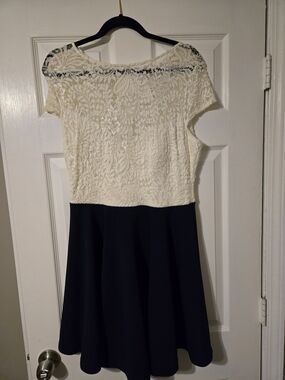 Cream Lace Top Navy Skirt Fit-and-Flare Dress
